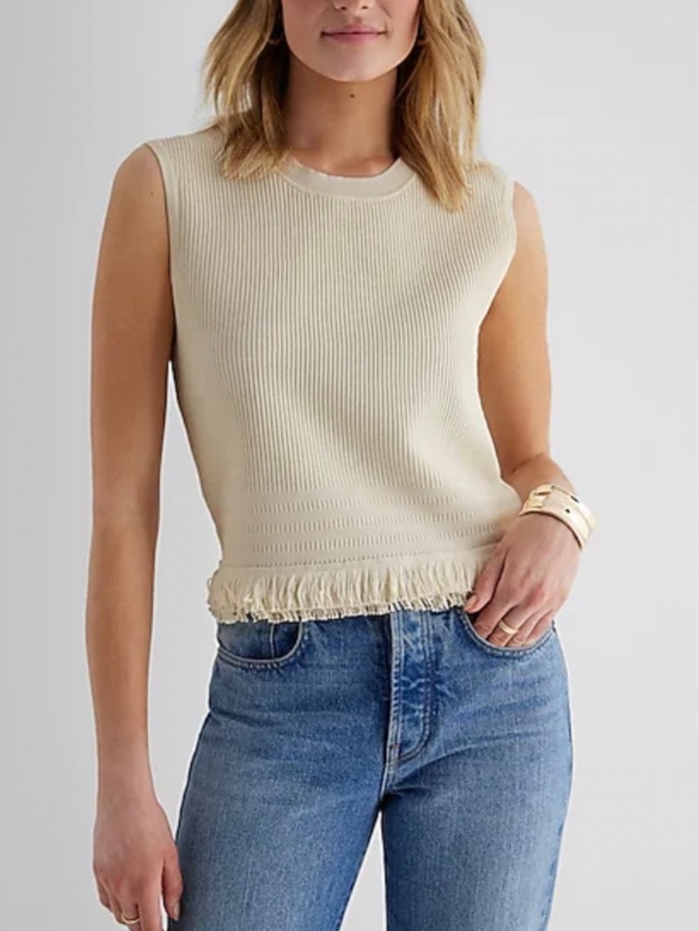Express Cream Ribbed Crew Neck Fringe Sweater Tank